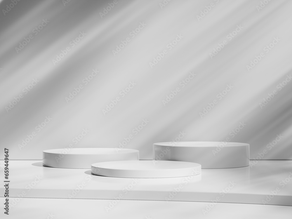 Empty white round podium, modern pedestal and platform, stand stage, cylinder, round empty stages with minimal shadow Empty white round podium, modern pedestal and platform, stand stage, cylinder, round empty stages with minimal shadow