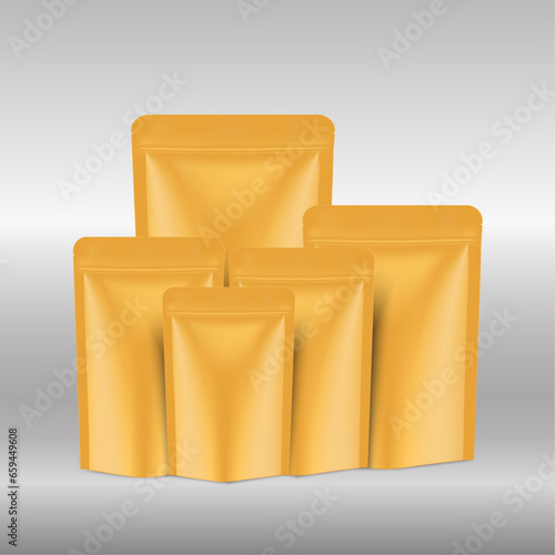Foil sachet mockup, plastic pouch blank with ziplock Front view on gray background. Shiny gold package for template your design, promo, ad. tea, sugar, candy, biscuit. Vector illustration EPS10.