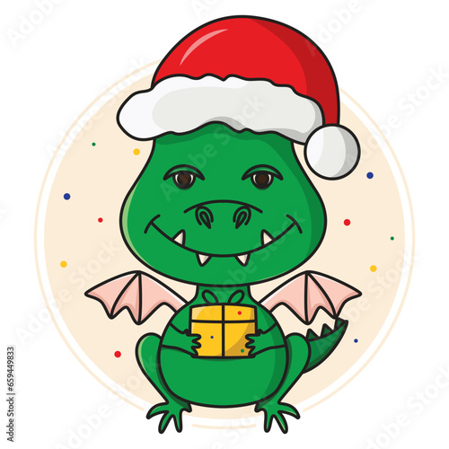 New Year's dragon in a cap with a gift. Christmas bright print for the design of T-shirts, pillows, cups.