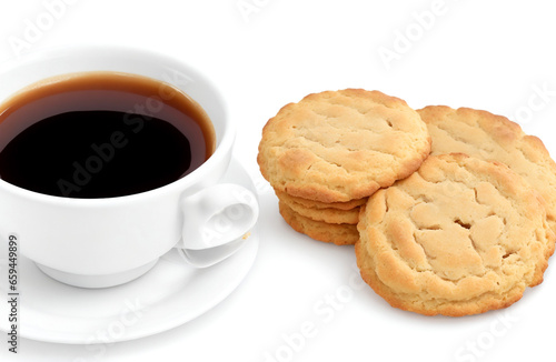 Sweet biscuits with glass of coffee isolated on white background