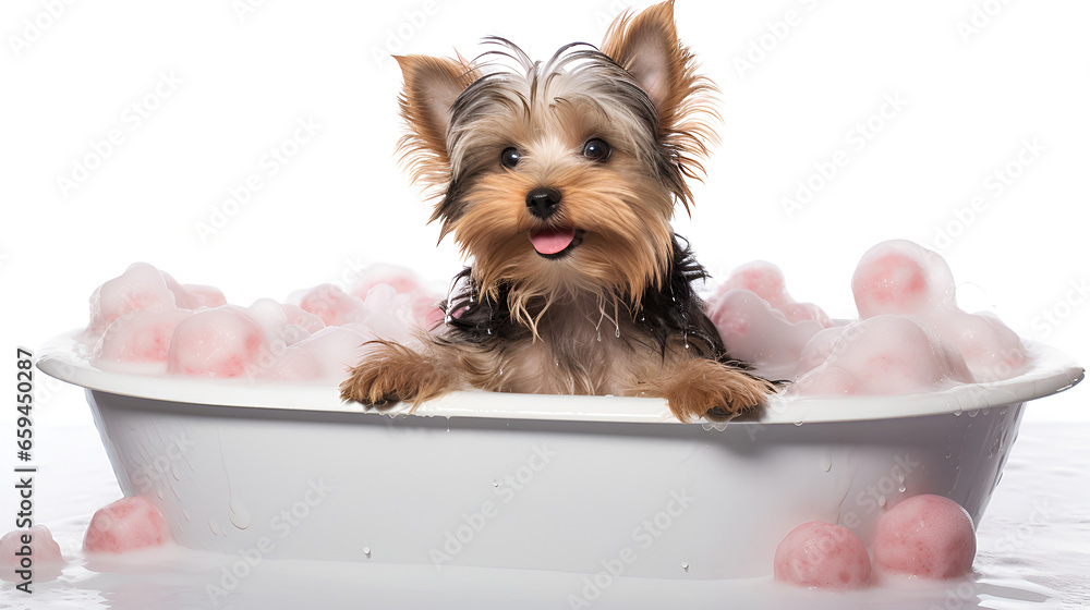  Cute little Yorkshire Terrier dog in a bath with foamwith foam and soap bubbles. Llittle Yorkshire Terrier dog in a bath. - obrazy, fototapety, plakaty 