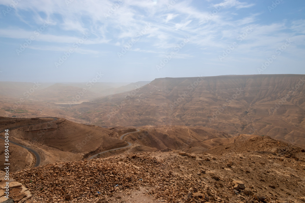 Panoramic view of Mujib Canyon, Jordan with winding street
