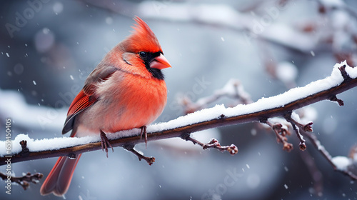 Print op canvas red cardinal on a branch on snow winter ambience