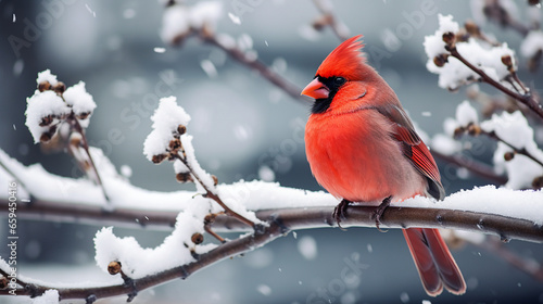 Billede på lærred red cardinal on a branch on snow winter ambience