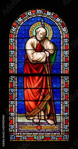 Saint Matthias the Apostle. A stained-glass window in Church of St Alphonsus Liguori, Luxembourg City, Luxembourg. 2022/11/21.