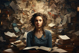 Young woman with curly hair reading a book on the background of books