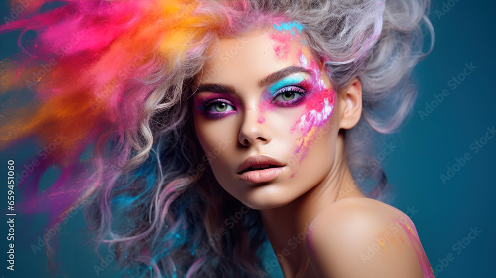 Fashion portrait of a beautiful girl with bright make-up and hairstyle