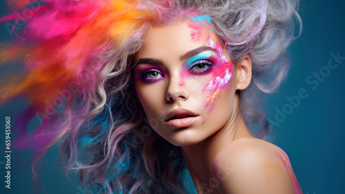 Fashion portrait of a beautiful girl with bright make-up and hairstyle