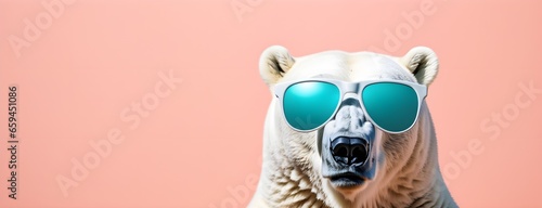 Polar bear in sunglass shade on a solid uniform background, editorial advertisement, commercial. Creative animal concept. With copy space for your advertisement © 360VP