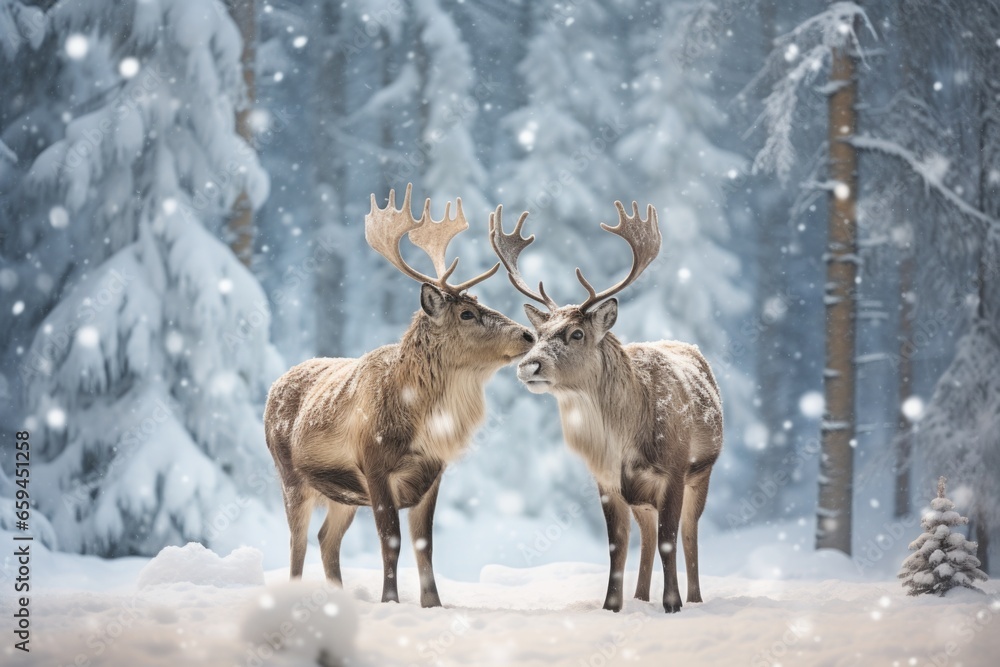 Two cute reindeers in lapland in a reindeer farm, in the forest, snowing day. Two cute reindeers in lapland in a reindeer farm, in the forest, snowing day.