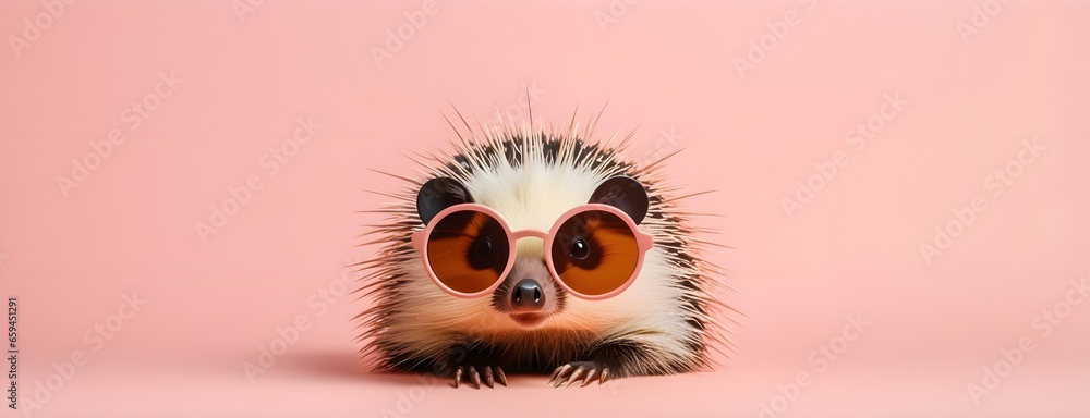 Porcupine in sunglass shade on a solid uniform background, editorial advertisement, commercial. Creative animal concept. With copy space for your advertisement