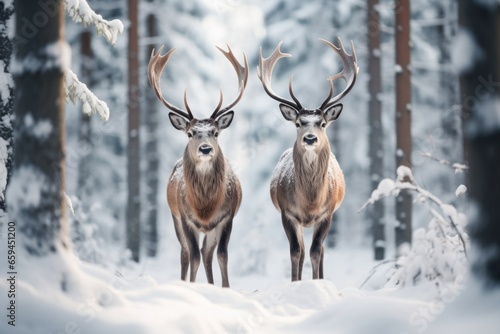 Two cute reindeers in lapland in a reindeer farm, in the forest, snowing day. © Maria Tatic