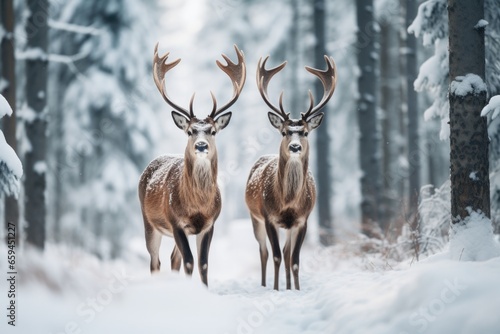 Two cute reindeers in lapland in a reindeer farm, in the forest, snowing day.