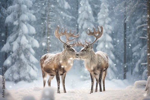 Two cute reindeers in lapland in a reindeer farm  in the forest  snowing day.