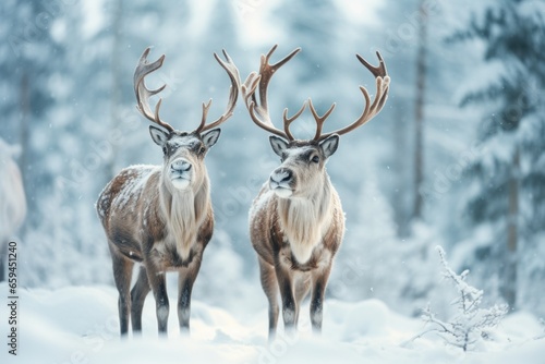 Two cute reindeers in lapland in a reindeer farm  in the forest  snowing day.