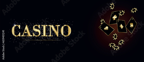 Casino advertising luxury banner design with playing cards and casino chips on a black stylish background with glitter and shine. Casino concept.