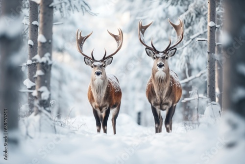 Two cute reindeers in lapland in a reindeer farm, in the forest, snowing day. © Maria Tatic