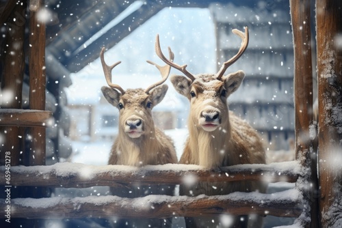 Two cute reindeers in lapland in a reindeer farm  snowing day.