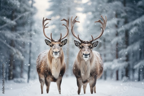 Two cute reindeers in lapland in a reindeer farm, in the forest, snowing day.