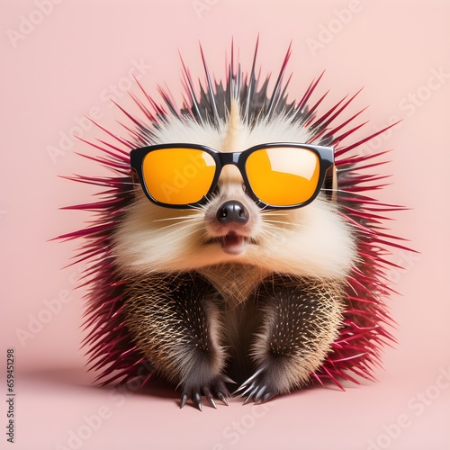 Porcupine in sunglass shade on a solid uniform background, editorial advertisement, commercial. Creative animal concept. With copy space for your advertisement © 360VP