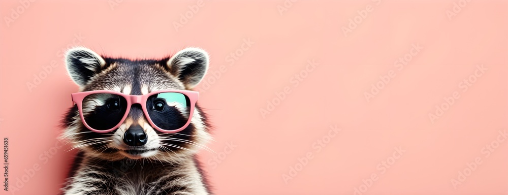 Raccoon in sunglass shade on a solid uniform background, editorial advertisement, commercial. Creative animal concept. With copy space for your advertisement