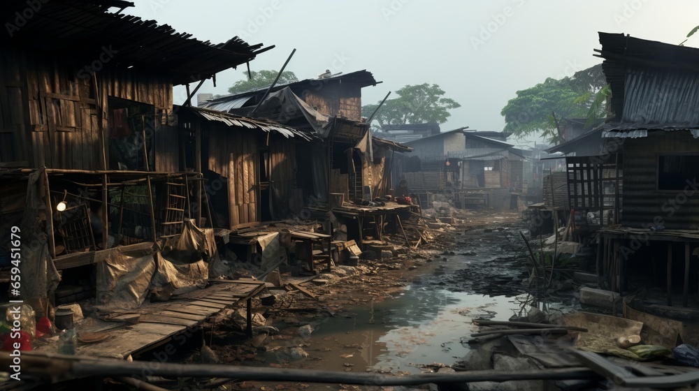 Income inequality, a view of a slum with dilapidated shanty houses. Poor people concept, Flimsy shacks with corrugated tin roofs make up a township Income inequality, a view of a slum with dilapidated shanty houses. Poor people concept, Flimsy shacks with corrugated tin roofs make up a township