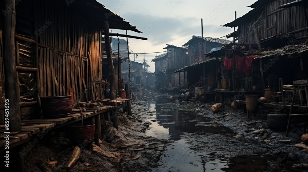 Income inequality, a view of a slum with dilapidated shanty houses ...
