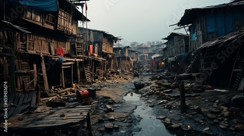 Income inequality  a view of a slum with dilapidated shanty houses. Poor people concept  Flimsy shacks with corrugated tin roofs make up a township