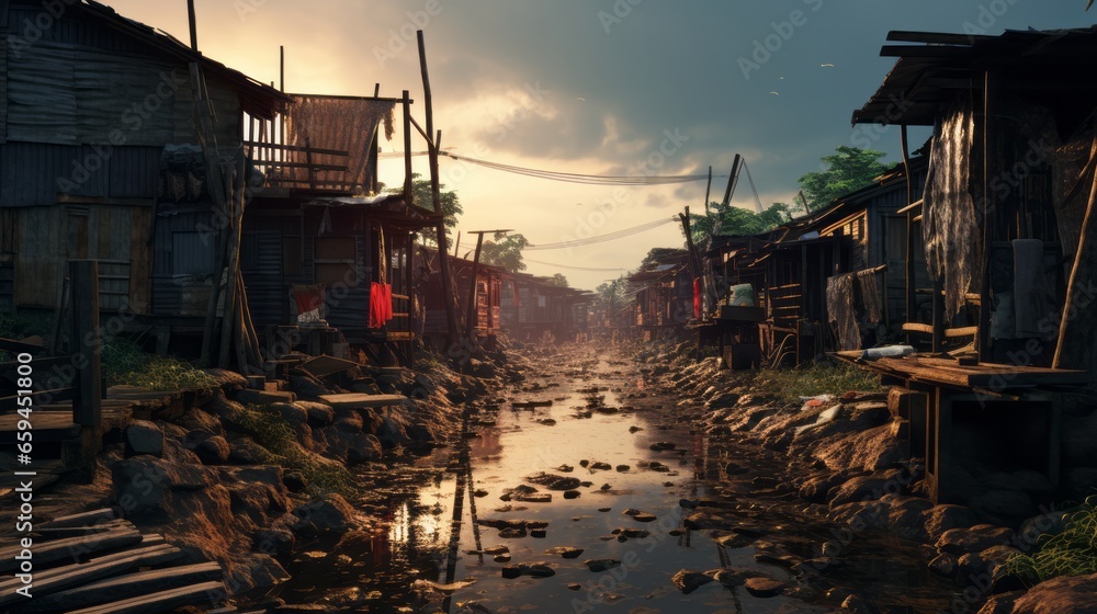 Income inequality, a view of a slum with dilapidated shanty houses. Poor people concept, Flimsy shacks with corrugated tin roofs make up a township - obrazy, fototapety, plakaty 