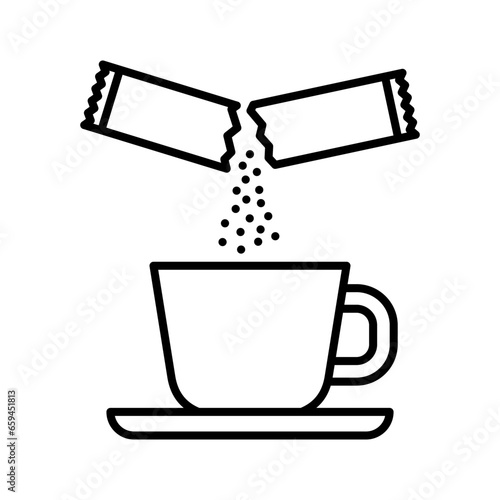 Pouring sugar in the cup, coffee or tea. Sachet packet soluble powder. Open paper pack stick with medication or food sugar.
