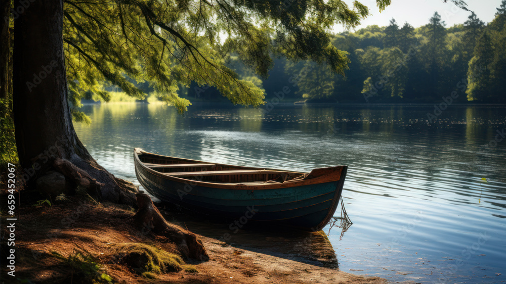 Boat on the shore of a lake with trees in the background