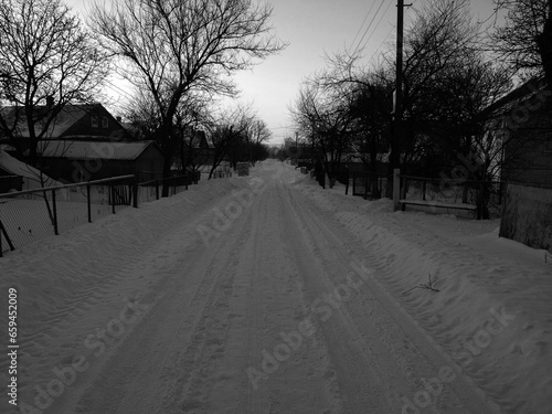 Winter street in Ukrainian village