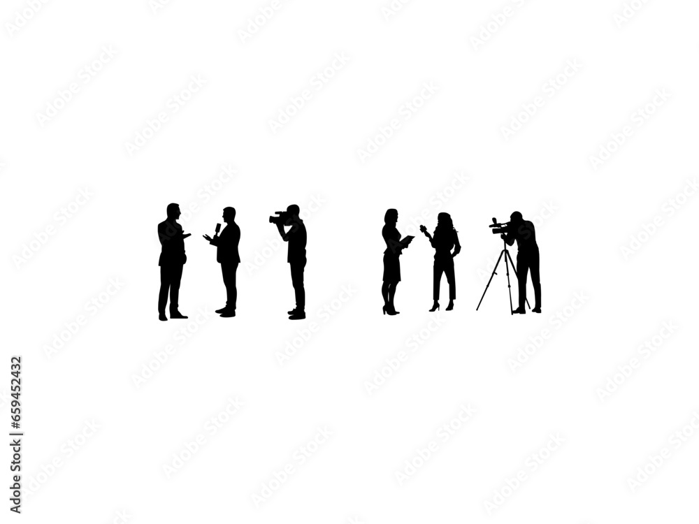  Interview journalist and cameraman silhouette. Set of Interview silhouette. Interview with public. Vector illustration.
