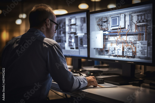structural engineer checks construction blueprints and pointing to computer.