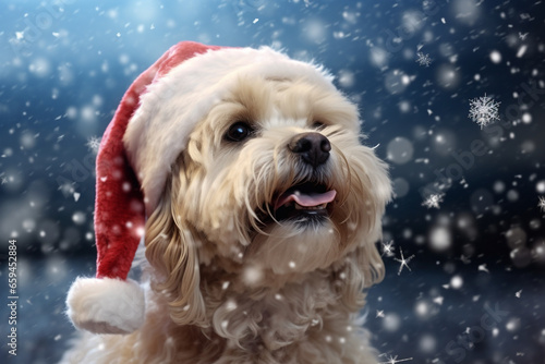 dog wearing a Christmas Santa Claus hat on snow background snowy sky view © Salawati
