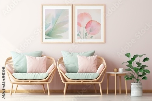 Room with light pastel hues, rattan furniture, mock up frame. Generative AI