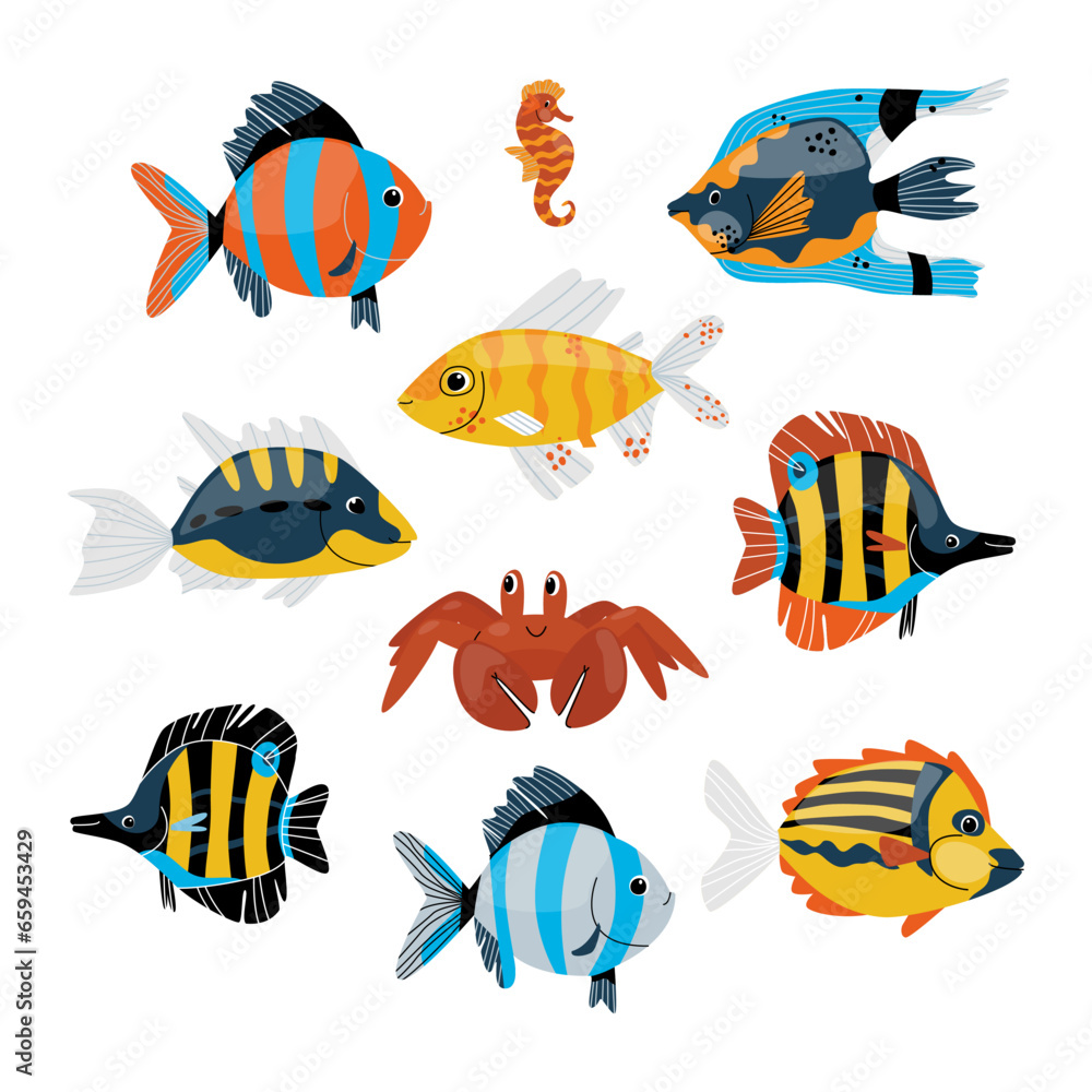 A set of multi-colored fish without a name. Cute crab and seahorse. Flat vector illustration, eps10 A set of multi-colored fish without a name. Cute crab and seahorse. Flat vector illustration, eps10