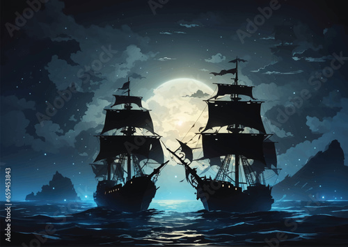 night the silhouette of dark pirate ship