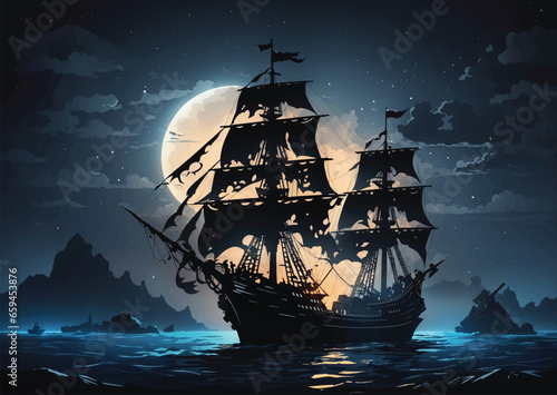 night the silhouette of dark pirate ship