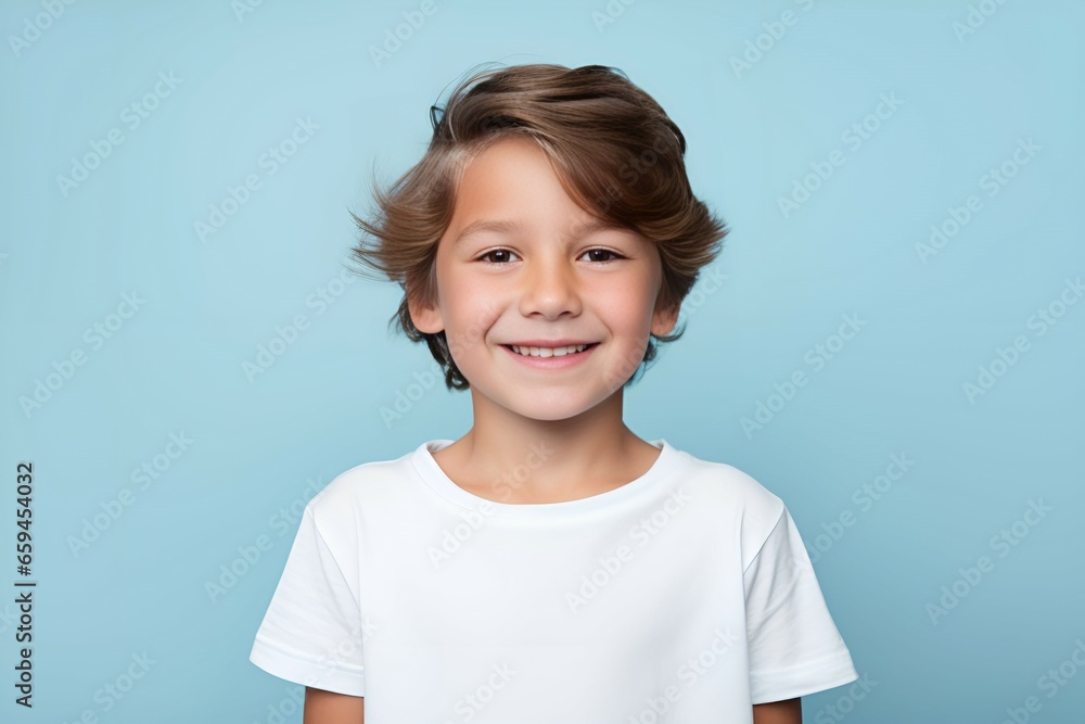 Portrait of a joyful little boy wearing casual white tshirt clothes and smiling. Isolated on a plain colored background. Generative AI. Portrait of a joyful little boy wearing casual white tshirt clothes and smiling. Isolated on a plain colored background. Generative AI.