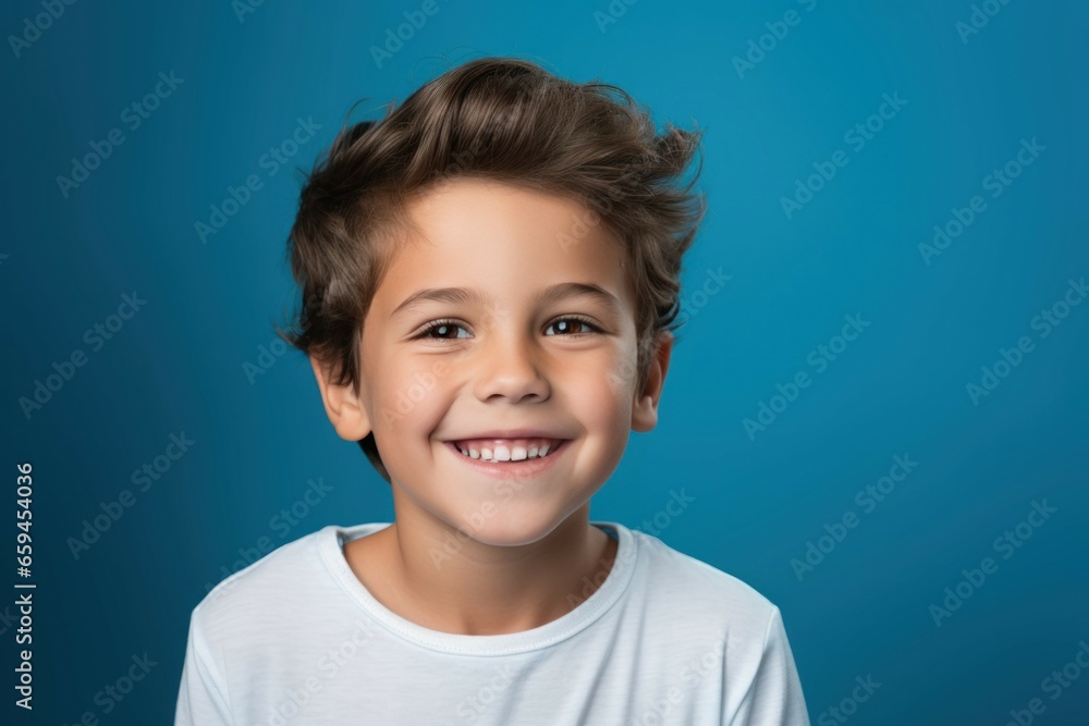 Portrait of a joyful child wearing casual blank clothes and smiling. Isolated on a plain colored background. Generative AI. Portrait of a joyful child wearing casual blank clothes and smiling. Isolated on a plain colored background. Generative AI.
