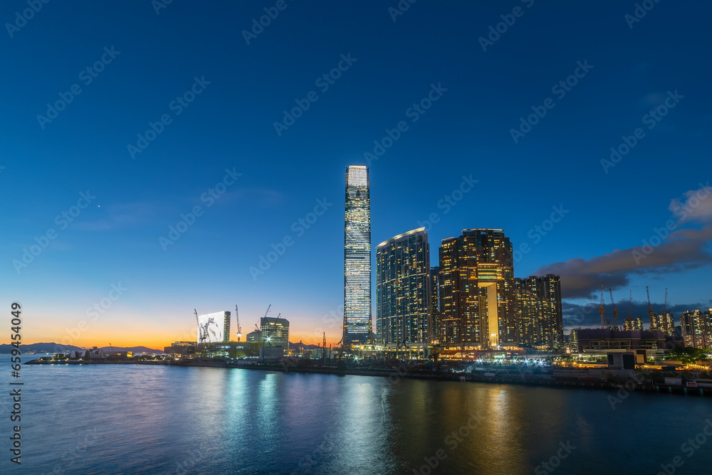 scenery of skyscraper, skyline and harbor of Hong Kong city