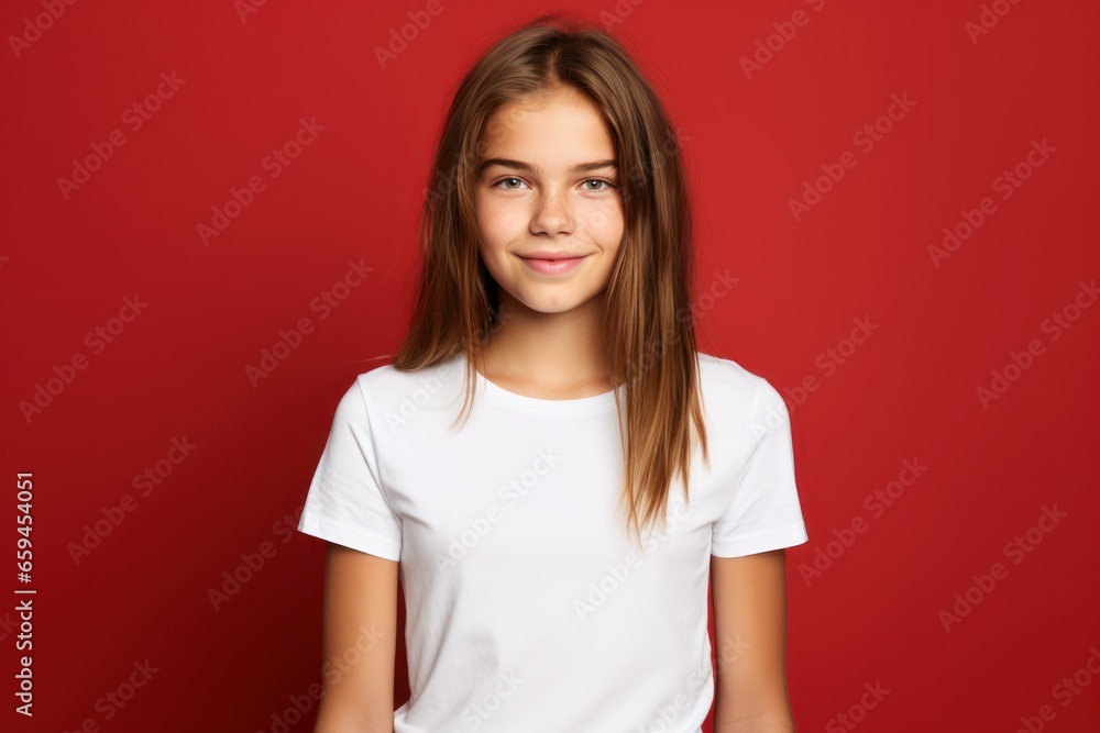 Fototapeta premium Portrait of a joyful child model wearing casual blank clothes and smiling. Isolated on a plain colored background. Generative AI.