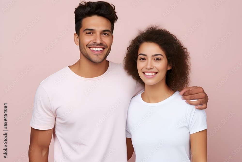Portrait of a joyful couple wearing casual blank clothes and smiling. Isolated on a plain colored background. Generative AI. Portrait of a joyful couple wearing casual blank clothes and smiling. Isolated on a plain colored background. Generative AI.