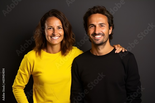 Portrait of an happy couple wearing casual blank clothes and smiling. Isolated on a plain colored background. Generative AI.