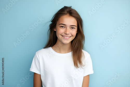 Portrait of a joyful teenager girl wearing casual blank clothes and smiling. Isolated on a plain colored background. Generative AI.