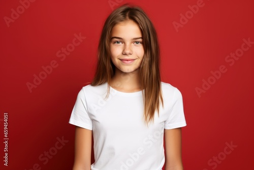 Portrait of a joyful child model wearing casual blank clothes and smiling. Isolated on a plain colored background. Generative AI. © Tuyres