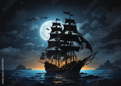 night the silhouette of dark pirate ship