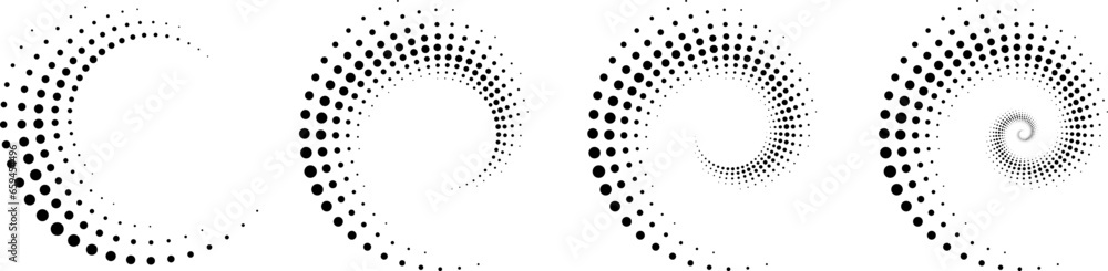 Concentric circle halftone dots. Abstract twisted dot shapes. Set circle. Concentric circle halftone dots. Abstract twisted dot shapes. Set circle.