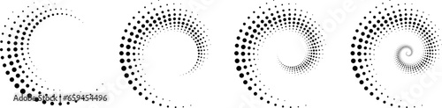 Concentric circle halftone dots. Abstract twisted dot shapes. Set circle. 